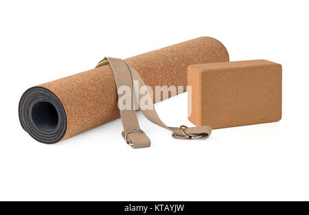 Yoga Cork Mat, Block and Strap Eco Friendly Set Stock Photo