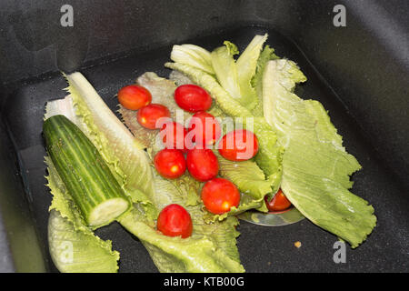 Frische Gurken, Tomaten und Salat in der Küchenspülen zum Waschen. Stock Photo