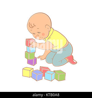Little lovely baby boy playing with toys. Kid builds house from cubes. Colorful vector illustration Stock Photo