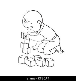 Little lovely baby boy playing with toys. Kid plays with pyramid. Kid builds house from cubes. Drawing contour vector illustration. Black and white background Stock Photo