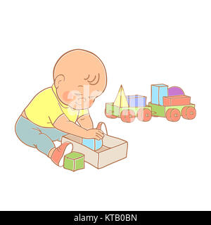 Little lovely baby boy playing with toys. Kid plays with constructor train from geometric shapes. Kid builds house from cubes. Colorful vector illustration Stock Photo