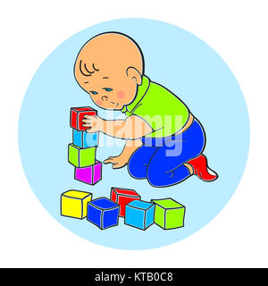 Little lovely baby boy playing with toys. Kid plays with pyramid. Kid plays with constructor train from geometric shapes. Kid builds house from cubes. Colorful vector illustration Stock Photo