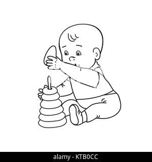 Little lovely baby boy playing with toys. Kid plays with pyramid. Drawing contour vector illustration. Black and white background Stock Photo