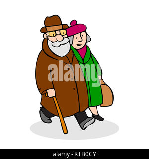 Happy elderly couple walking. Funny older man with a cane and a hat and woman in a beret and with a bag walk. Old couple dressed in coat. Colorful cartoon vector illustration on white background Stock Photo