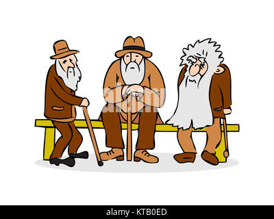 Funny three old men sitting on the bench. Old man with hat and walking cane. Sad grandfather with a long beard sitting on a bench. Old group talk. Colorful cartoon vector illustration on white background Stock Photo