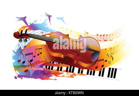 Colorful music background with violin, piano, musical notes and birds. Vector illustration. Stock Vector