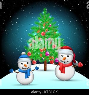 Christmas tree and snowmans on snow hill. Spruce fir tree with toys ribbons and cones in branches. Winter holiday night ilustration Stock Vector