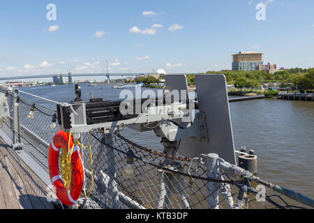 M2 Browning belt fed machine gun on the forward deck of the USS New Jersey Iowa Class Battleship, Delaware River, New Jersey, United States. Stock Photo