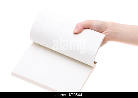 Hand holding blank notebook isolated on white background Stock Photo