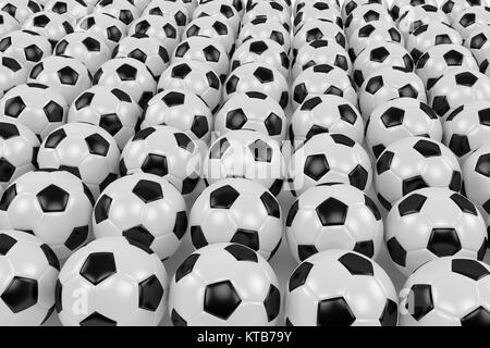 many soccer balls arranged in rows in the perspective view, 3d rendering Stock Photo