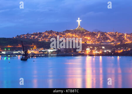 Panoramic view of Coquimbo and the Third Millennium Cross on top of the El Vigia hill. Stock Photo