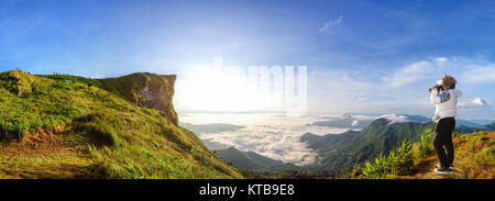 Panorama sunrise over the mountain Stock Photo