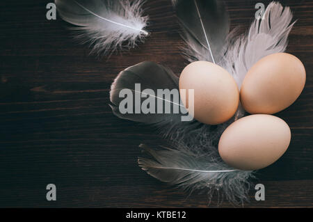 Chicken eggs on a brown wooden surface among feathers Stock Photo