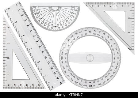 Set of drawing tools, ruler, protractor triangle, isolated on white background Stock Photo
