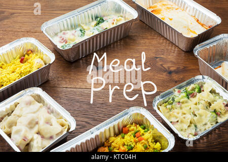 The Word Meal Preparation Written On Table With Takeaway Meals Stock Photo