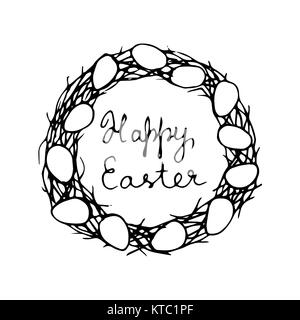 Happy easter card with eggs and wreath. Typographical Stock Photo