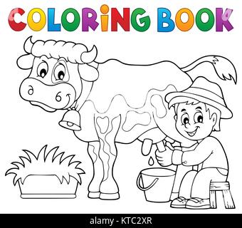 Coloring book farmer milking cow Stock Photo