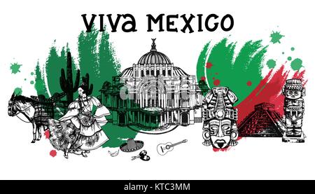 Set of hand drawn sketch style Mexican themed objects. Vector illustration isolated on white background. Stock Vector