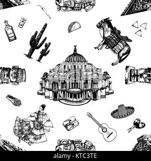 Seamless pattern of hand drawn sketch style set of Mexican themed landmarks, food, drink, objects. Vector illustration isolated on white background. Stock Vector