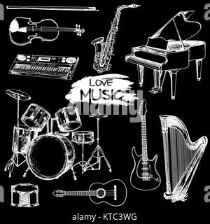 Hand drawn sketch style musical instruments. Vector illustration isolated on black background. Stock Vector