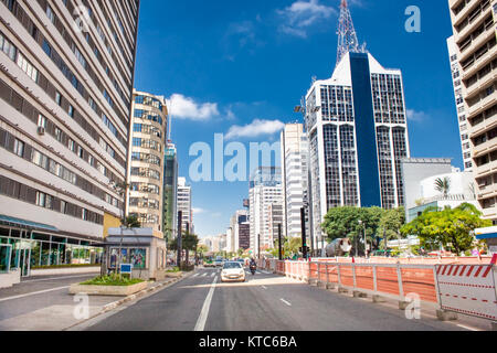 SAO PAULO, BRAZIL - CIRCA JAN 2015: Paulista Avenue in Sao Paulo, Brazil. Paulista is one of the most important avenues in Sao Paulo with 2.8 kilomete Stock Photo
