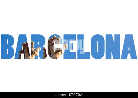 Word BARCELONA over Sagrada Familia by Antoni Gaudi Stock Photo