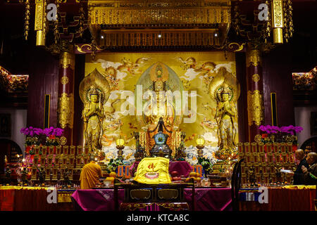 Singapore - Jun 12, 2017. Main Hall of Buddha Tooth Relic Temple in Chinatown, Singapore. Buddhism first appeared around the Singapore Straits during  Stock Photo