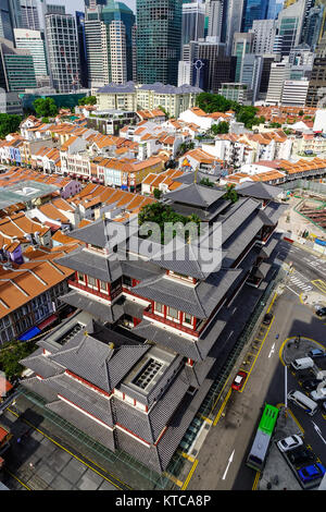 SINGAPORE - JUN 12, 2017. Aerial view of Buddha Tooth Relic Temple in Singapore. The temple is based on the Tang dynasty style and built to house the  Stock Photo