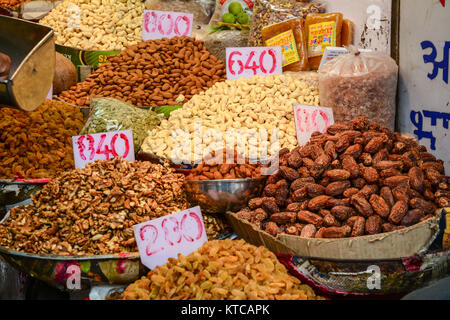 Delhi, India - Jul 26, 2015. Dried nuts for sale at local market in Old Delhi, India. Stock Photo