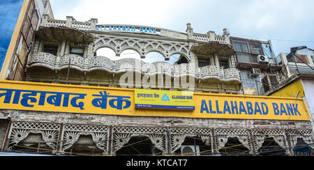 Delhi, India - Jul 26, 2015. Allahabad Bank located at the old market in Delhi, India. According to the 2011 census of India, the population of Delhi  Stock Photo