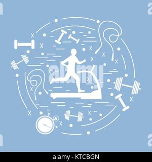 Vector illustration of the man jogging on a treadmill and different kinds of sports equipment arranged in a circle. Including icons of skipping rope,  Stock Vector