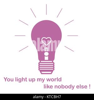 Glowing light bulb with glower in the shape of a heart and the inscription. Design for banner, poster or print. Greeting card Valentine's Day. Stock Vector