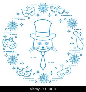 Muzzle of a cat in a cylinder hat and carnival masks, snowflakes, glasses, tie. Carnival festive concept. Costume for a party. Stock Vector