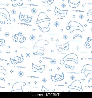 Seamless pattern of different carnival decorations: masks, christmas hats, mustache, beard. Carnival festive concept. Costume for a party. Stock Vector