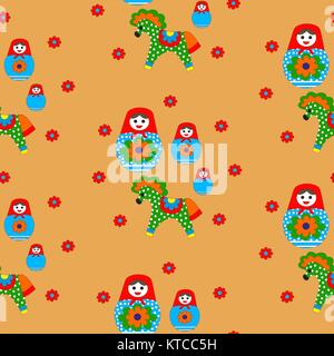 Seamless patterns consisting of nesting dolls and horses with orange filling. Stock Vector