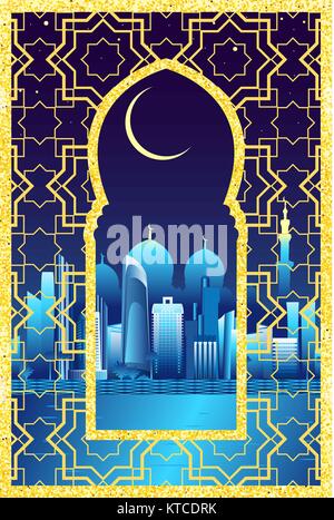 Abu-Dhabi cityscape with skyscrapers and white mosque vector illustration. View through golden traditional arabesque window. Stock Vector