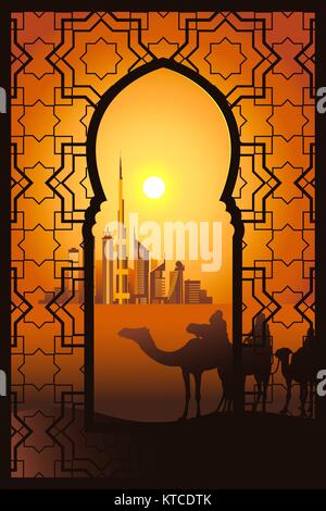 Three camel riders at the sunset in the desert on the Dubai city vector illustration. View through traditional arabesque window. Stock Vector