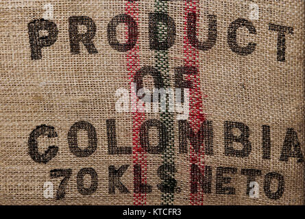 Texture of old coffee sack with printed word Product of Columbia Stock Photo