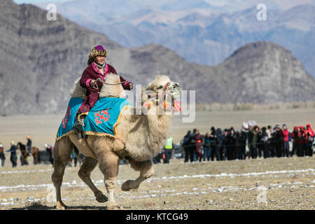 Camel rider at the Golden Eagle Festival in Mongolia Stock Photo