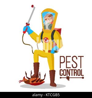 Pest Control Service Vector. Sanitation, Cleaner Washing. Pest Removal. Exterminator Of Insects. Flat Cartoon Illustration Stock Vector