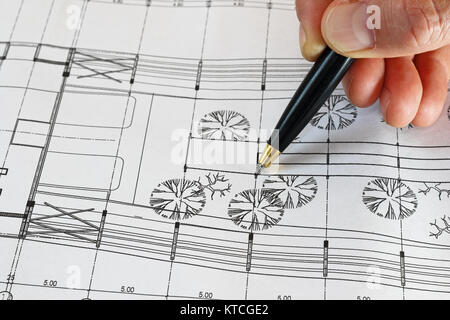 architect's hand pointing with pen on blueprint of the project Stock Photo