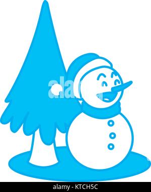 Snowman and tree christmas cartoon Stock Vector