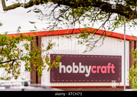 Northampton UK October 29, 2017: Hobbycraft logo sign in Sixfields Retail Park. Stock Photo