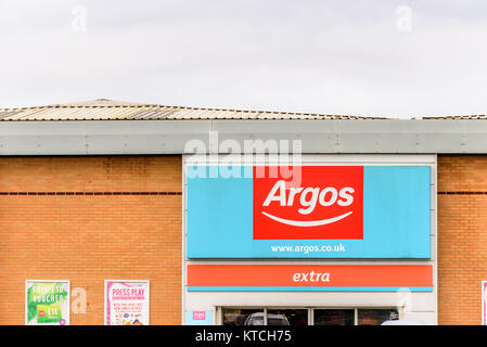 Northampton UK October 29, 2017: Argos logo sign in Sixfields Retail Park. Stock Photo