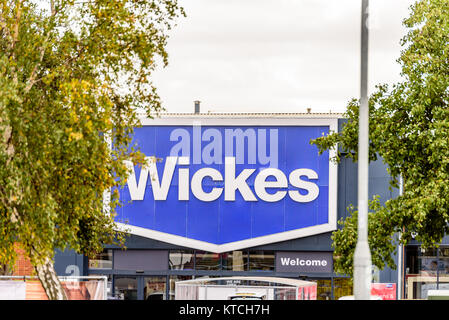 Northampton UK October 29, 2017: Wickes logo sign in Sixfields Retail Park. Stock Photo