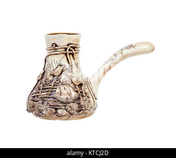 Ceramic cezve or Turkish coffee pot, Coffee maker or Ceramic turk Isolated on white background. Stock Photo