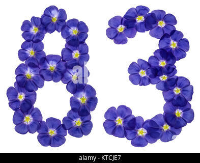 Arabic numeral 83, eighty three, from blue flowers of flax, isolated on white background Stock Photo