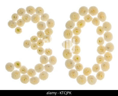 Arabic numeral 30, thirty, from cream flowers of chrysanthemum, isolated on white background Stock Photo