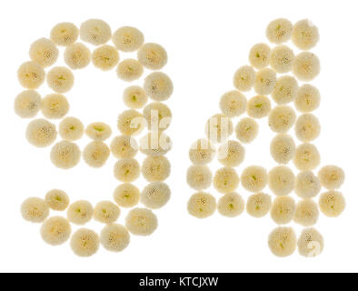 Arabic numeral 94, ninety four, from cream flowers of chrysanthemum, isolated on white background Stock Photo
