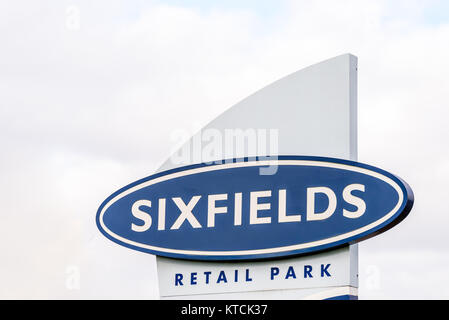 Northampton UK October 29, 2017: Sixfields Retail Park logo sign stand. Stock Photo